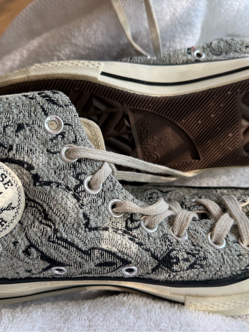 Converse High Top Sneakers in Light Gray and Black Woven Pattern